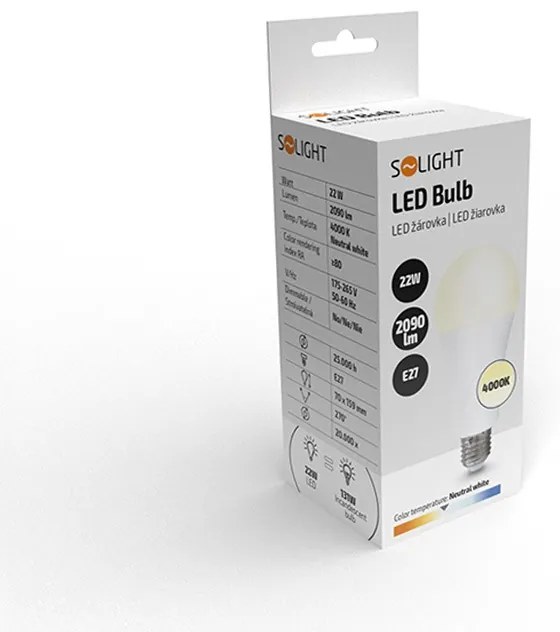 SOLIGHT LED žiarovka klasický tvar A70 22W, E27, 4000K, 270 °, 2090lm