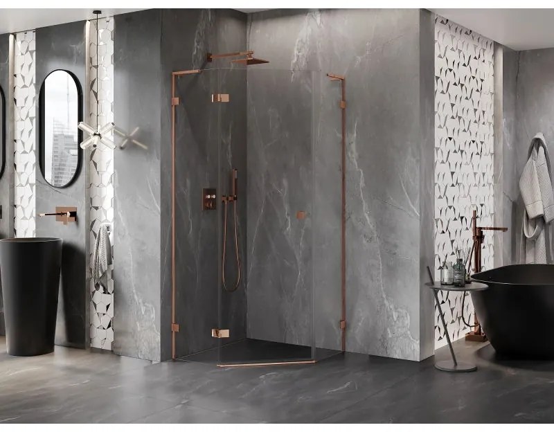 Mexen Lunar, L päťuholníkový sprchový kút naklápací doľava 90 x 90 cm, 8mm číre sklo, profil ružové zlato, 831L-090L-090P-60-00-L