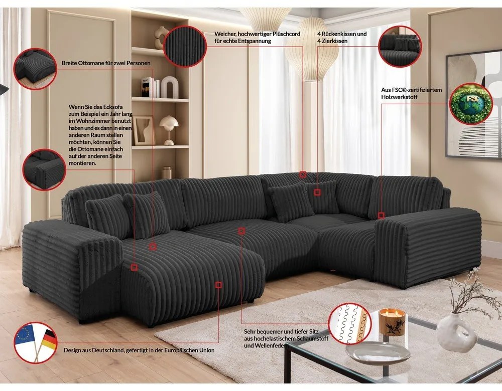 Tmavosivá menčestrová rohová pohovka (pravý roh/do tvaru "U") Justin – Ropez