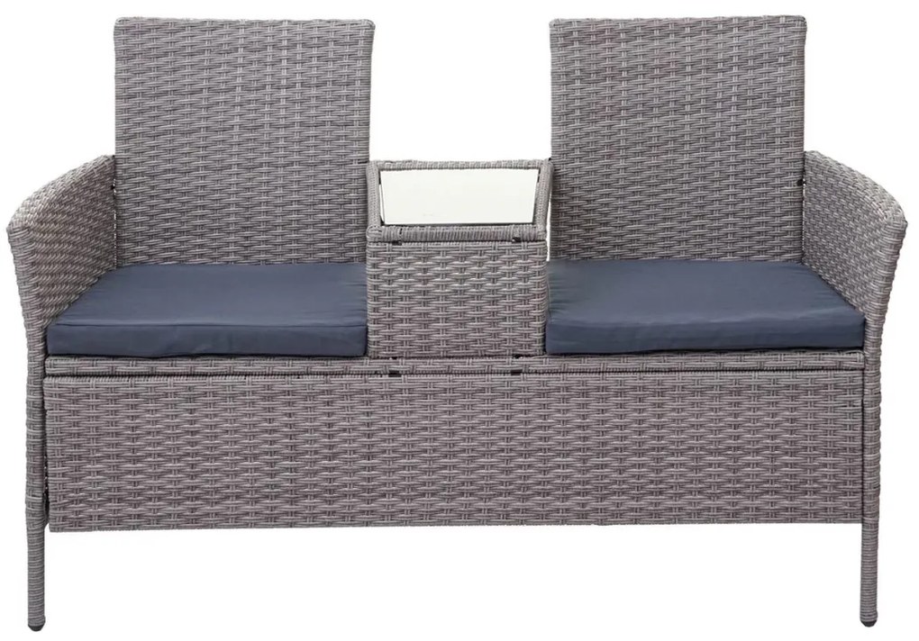 Záhradná lavica so stolíkom E24 - umelý ratan, 132cm - Sivá, sedáky tmavosvá