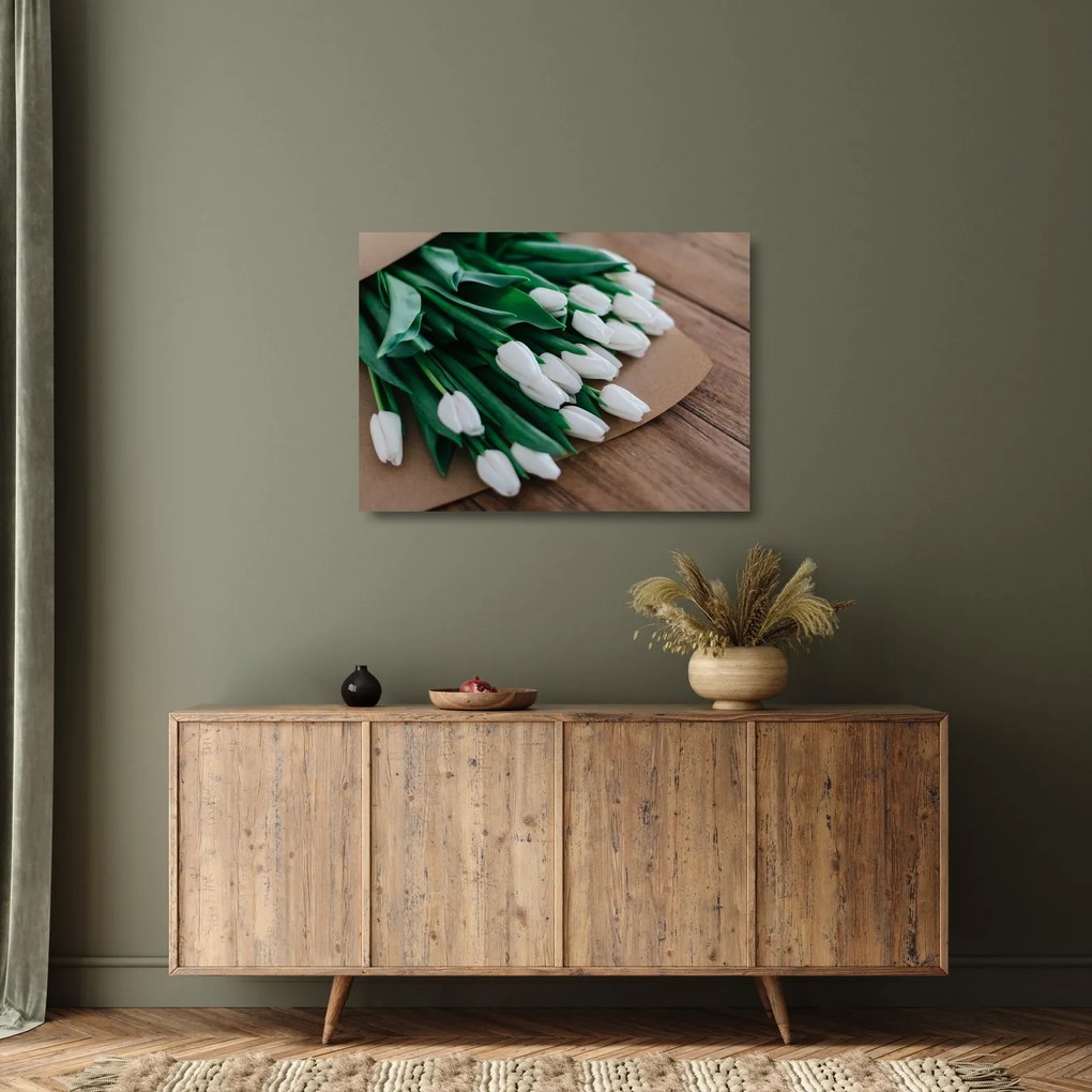 Sklenený obraz kytice bielych tulipánov (70x50 cm)