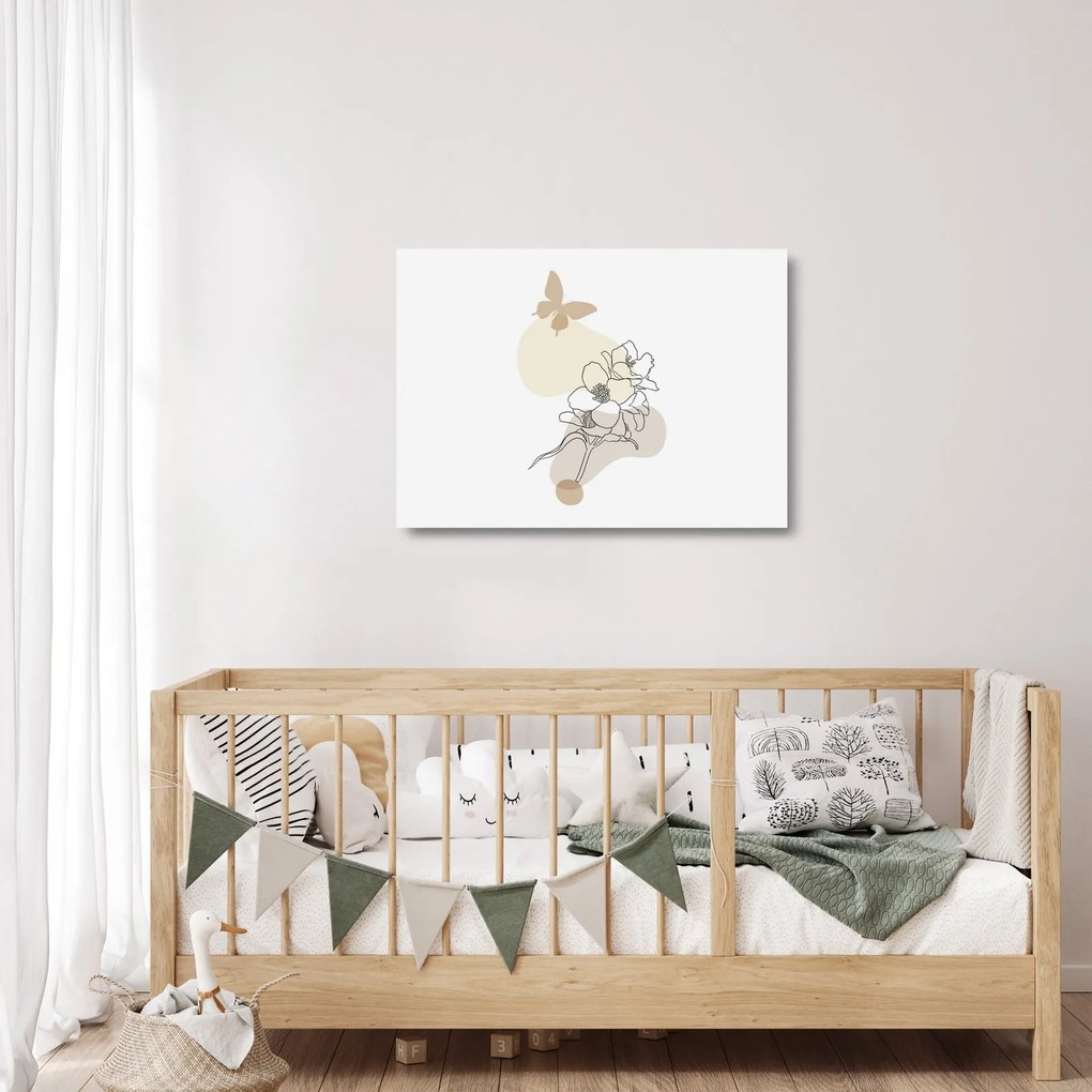 Sklenený obraz - Béžové kvety s motýľom N⁰3 (70x50 cm)