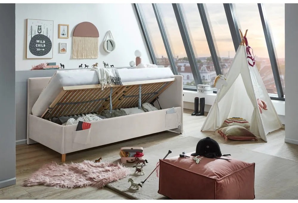 Béžová čalúnená rohová detská posteľ s úložným priestorom s roštom 140x200 cm Cool – Meise Möbel