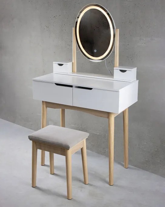 Toaletný stolík GLAM s LED zrkadlom biely / naturálny, béžová taburetka