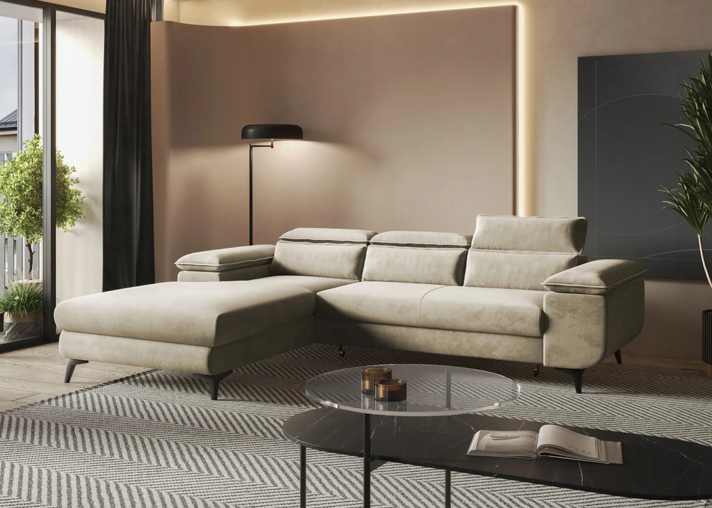 Béžová rohová pohovka s funkciou spania Flat na pružinách s úložným priestorom