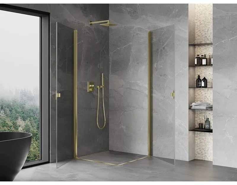 Mexen Mist-B Duo, 2-krídlový výklopný sprchový kút 85 x 85 cm, číre sklo, zlatý lesklý profil, 8A2-085-085-50-00