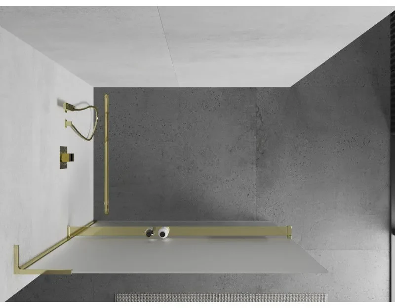 Mexen Kioto+ L, sprchová zástena Walk-In s poličkou a vešiakom 80 x 200 cm, 8mm sklo námraza, zlatý lesklý profil,800-080-123-50-30