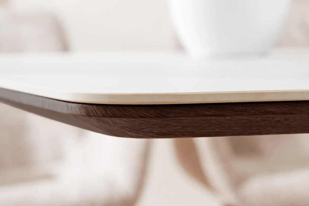 Jedálenský stôl UNIQUE 200 cm rám z tmavého orechového dreva dyhovaný keramický biely mramorový vrch