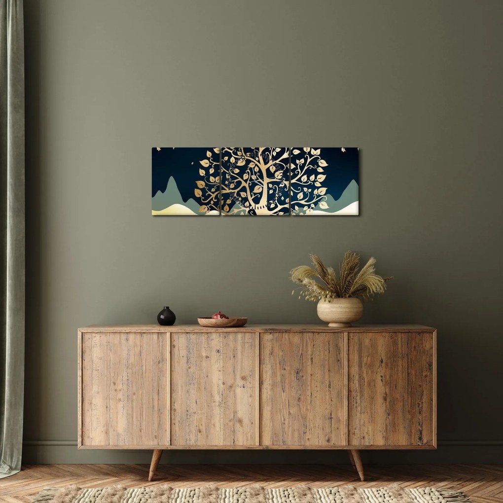 Obraz zlatého stromu (s hodinami) (90x30 cm)