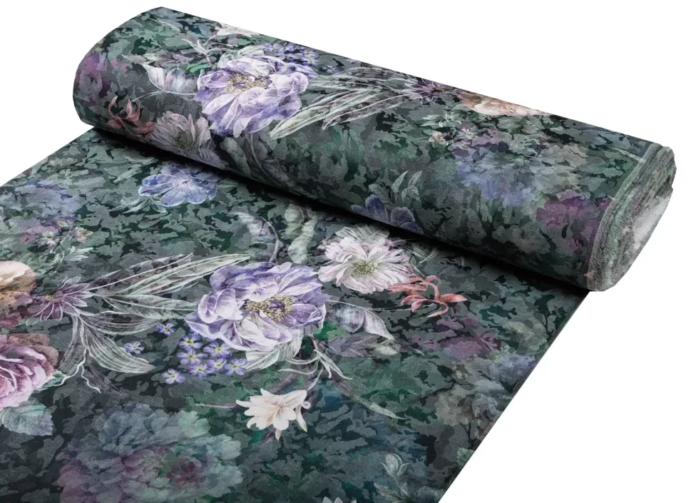 Biante Dekoračný behúň na stôl BM-010 Veľké fialové kvety na tmavo zelenom 20x140 cm