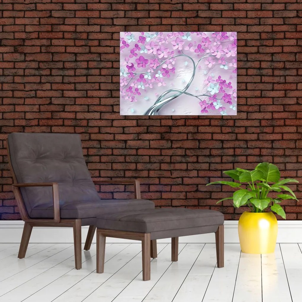 Sklenený obraz kvetov na striebornom kmeni - abstrakt (70x50 cm)