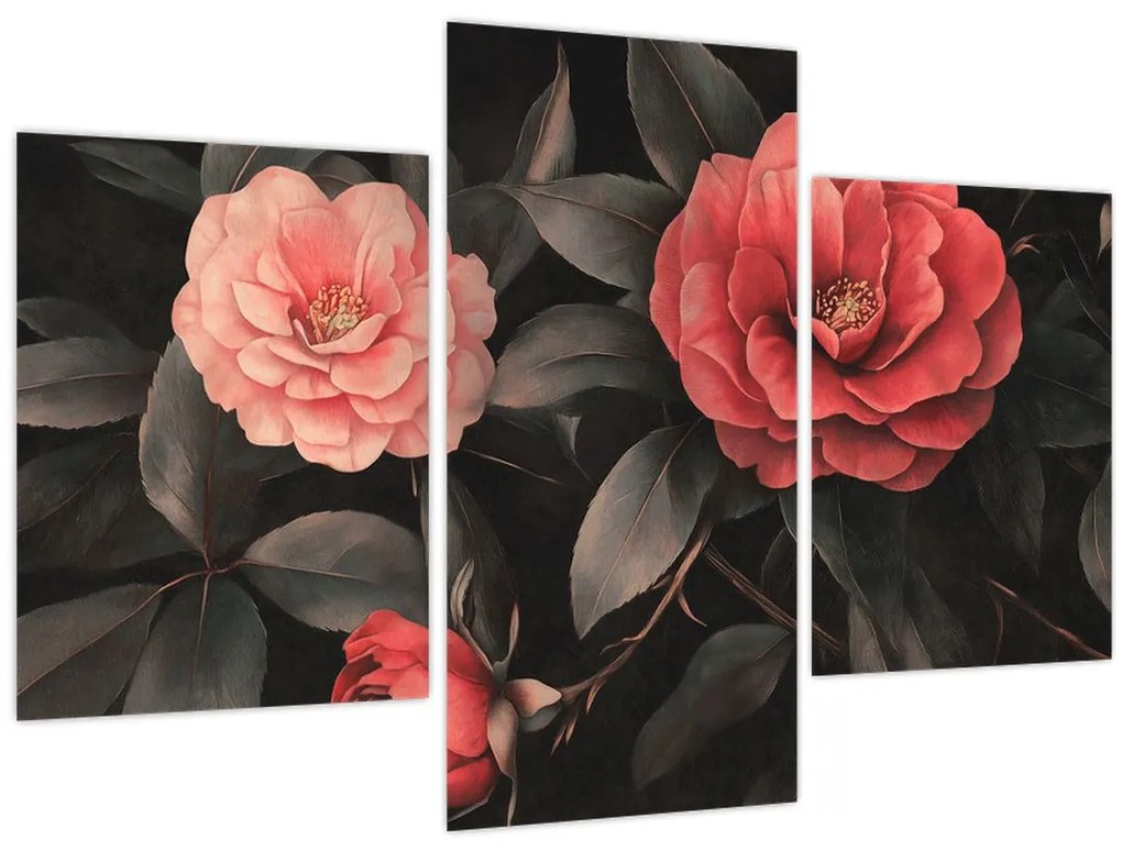 Obraz - Červené kvety na tmavom pozadí (90x60 cm)