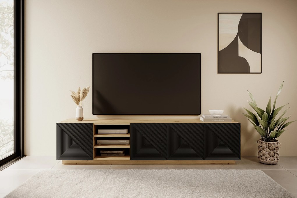 TV stolík Asha 200 cm s ryhovaným čelom - artisan / čierny mat