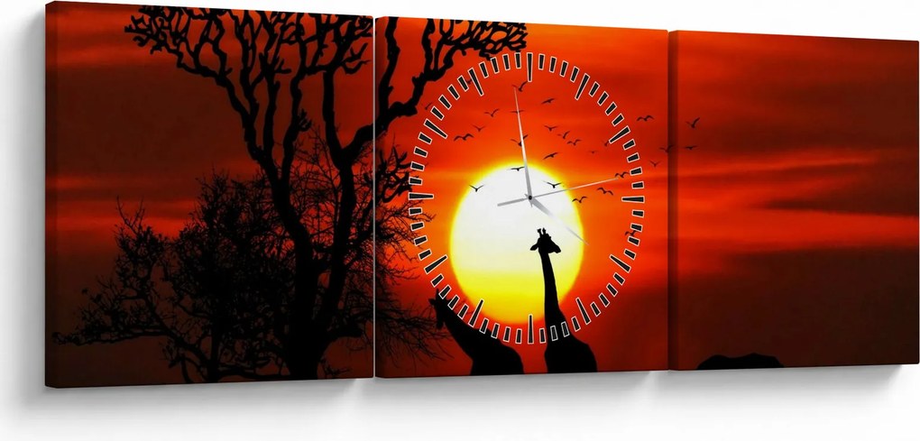 Obraz - Siluety zvierat pri západe slnka (s hodinami) (90x30 cm)