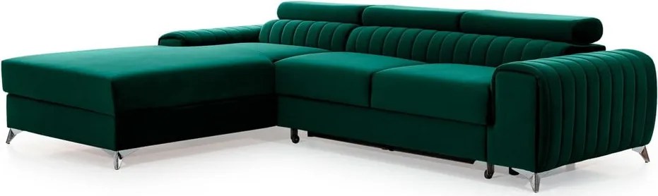 Zelená zamatová rozkladacia/s úložným priestorom rohová pohovka (ľavý roh/s leňoškou) Grayson – ELTAP