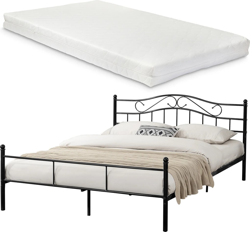 [en.casa] Kovová posteľ s roštom a matracom "Florenz" HTMB-200BM - čierna - 200 x 200 cm