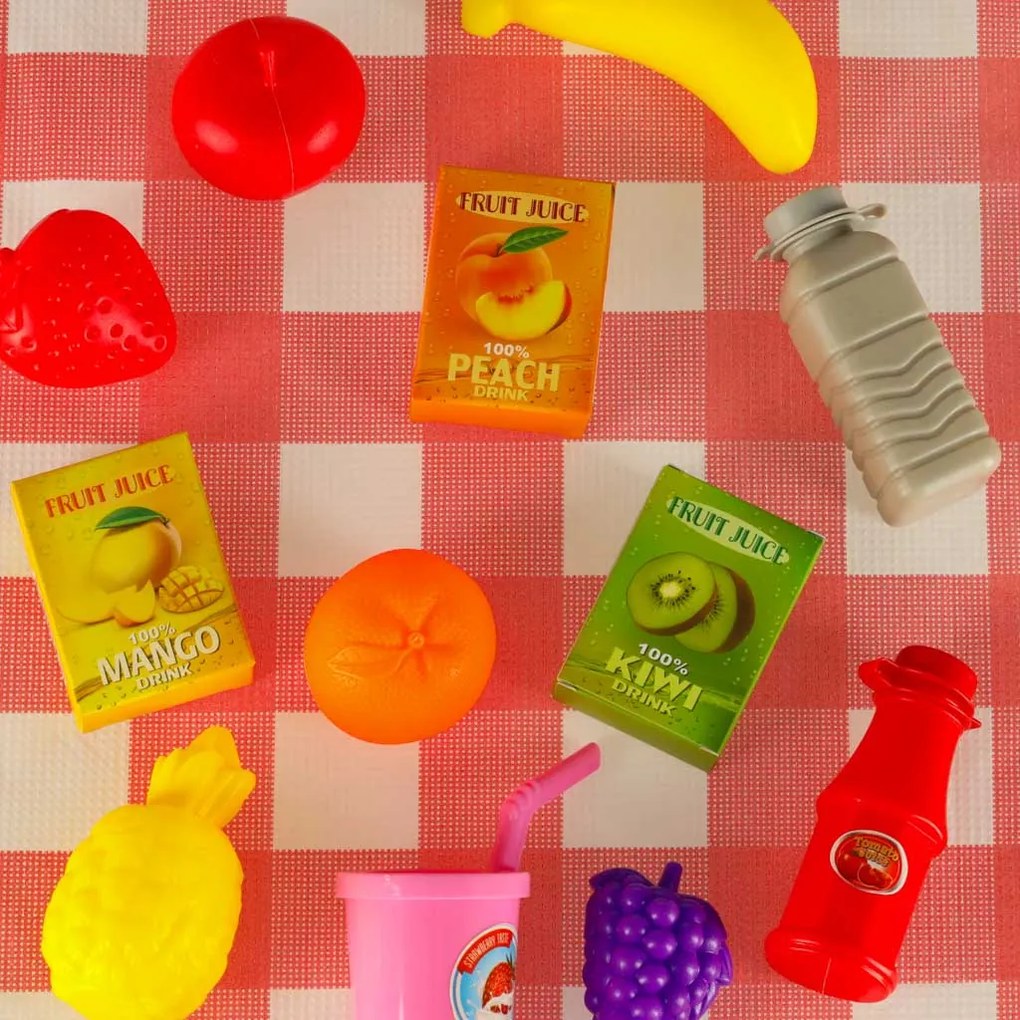 KIK Detský piknikový kôš - hračka set s ovocnými džúsmi, nápojmi a jedlom, 3+, bez batérií