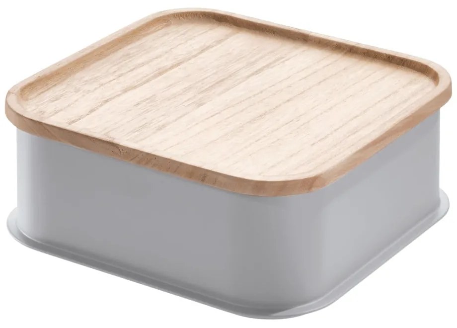 Sivý úložný box s vekom z dreva paulownia iDesign Eco, 21,3 x 21,3 cm