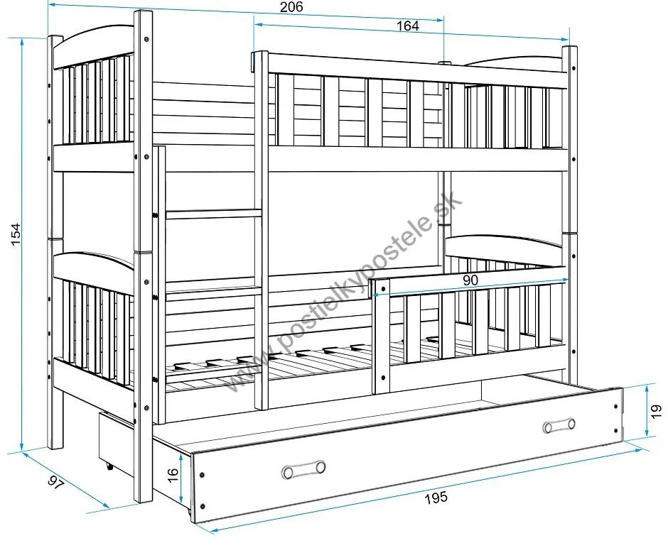 Poschodová posteľ KUBO 200x90 | borovica - modrá