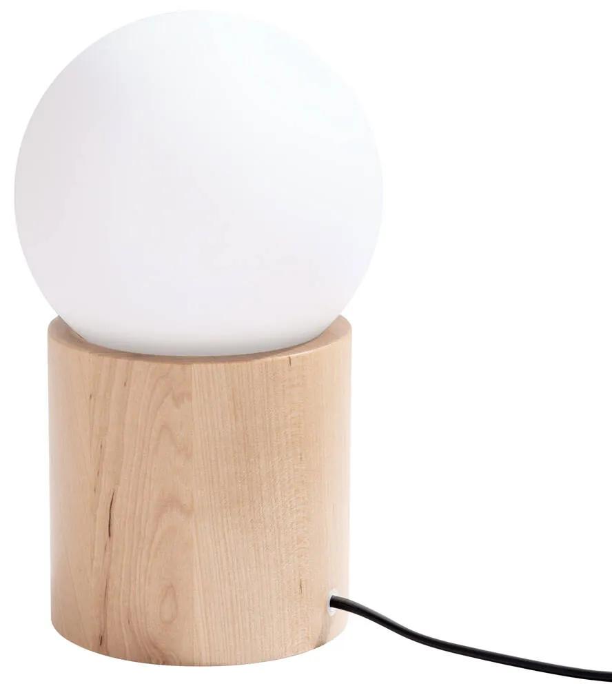 Stolná lampa Boomo, 1x biele sklenené tienidlo, drevo