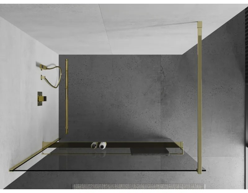 Mexen Kioto, sprchová zástena Walk-In Walk-in 105 x 200 cm, 8mm číre sklo, zlatý lesklý profil + vešiak na uteráky s poličkou, 800-105-121-50-00