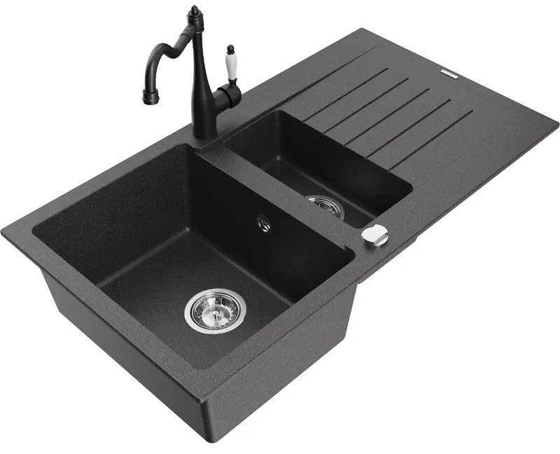 Mexen Matias, granitový drez 900x505x200 mm, 1,5-komorový a drezová batéria Carla, čierna škvrnitá, 6502-76-670700-70