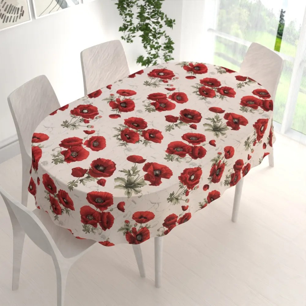 Biante Bavlnený oválny obrus Sandra SA-586 Vlčie maky na krémovom 120x200 cm