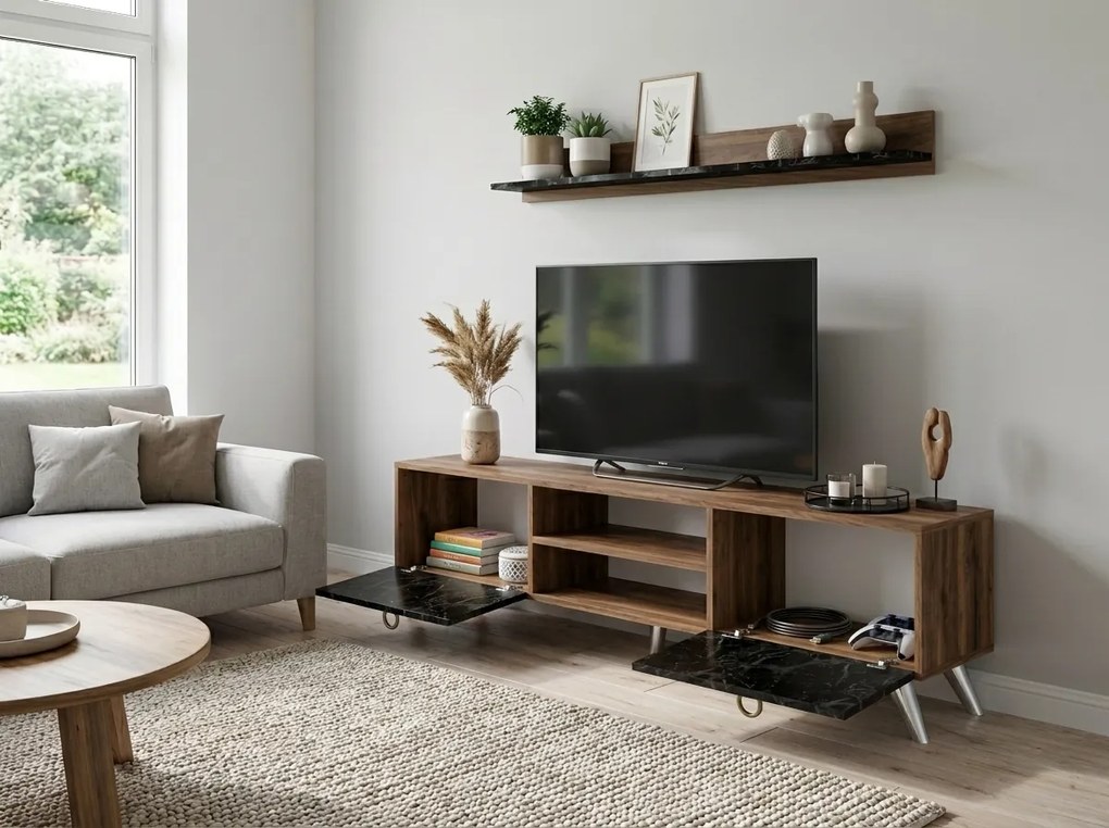 TV stolík ZEN 160 cm s nástennou poličkou, dekor orech/čierny mramor