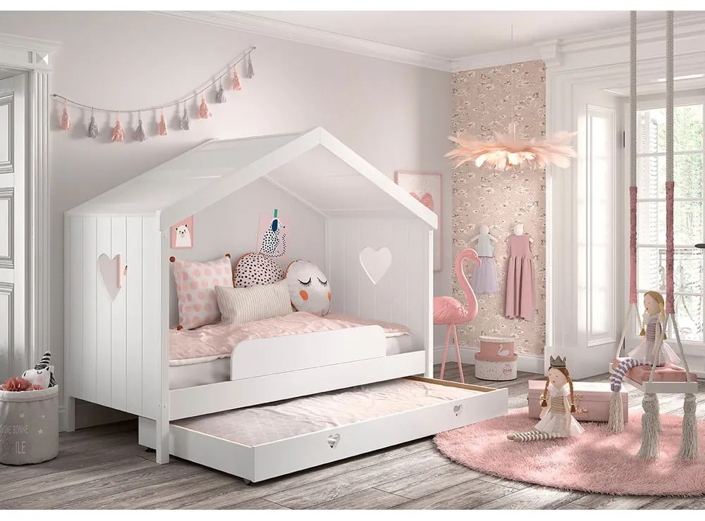Biela domčeková detská posteľ z borovicového dreva s výsuvným lôžkom a úložným priestorom 90x200 cm AMORI – Vipack