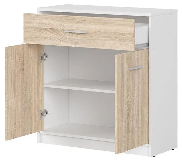 Komoda BRW Nepo Plus 5 (biela + dub sonoma) . Akcia -30%. Vlastná spoľahlivá doprava až k Vám domov. 1098290