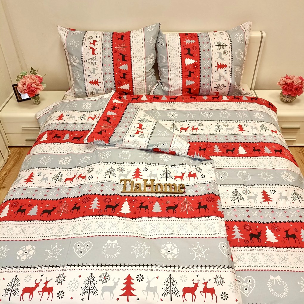 Obliečky bavlnené Vianočné Snowman červené TiaHome - 1x Vankúš 90x70cm, 1x Paplón 140x200cm