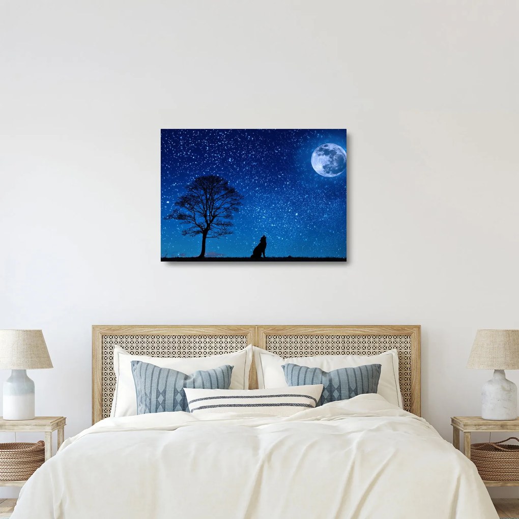 Sklenený obraz vlka vyjúci na mesiac (70x50 cm)