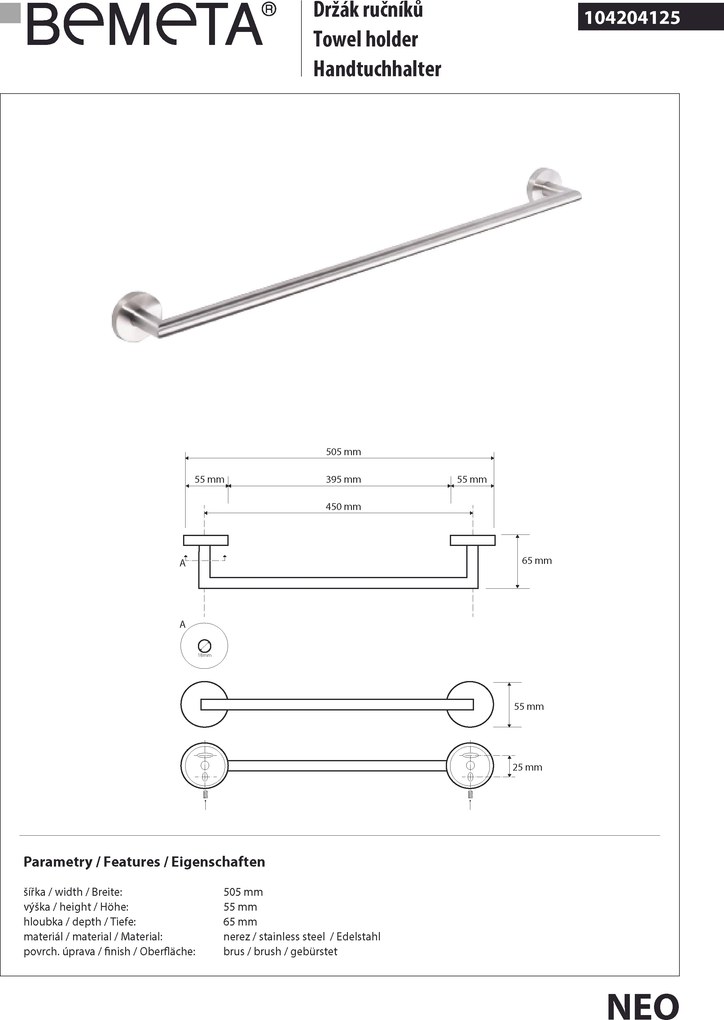 Bemeta Design NEO: Držiak uterákov, 450 mm - 104204125