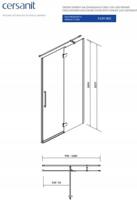 Cersanit Crea, krídlové dvere do otvoru 100X200 cm (pravé), 8mm číre sklo, chrómový profil, S159-002