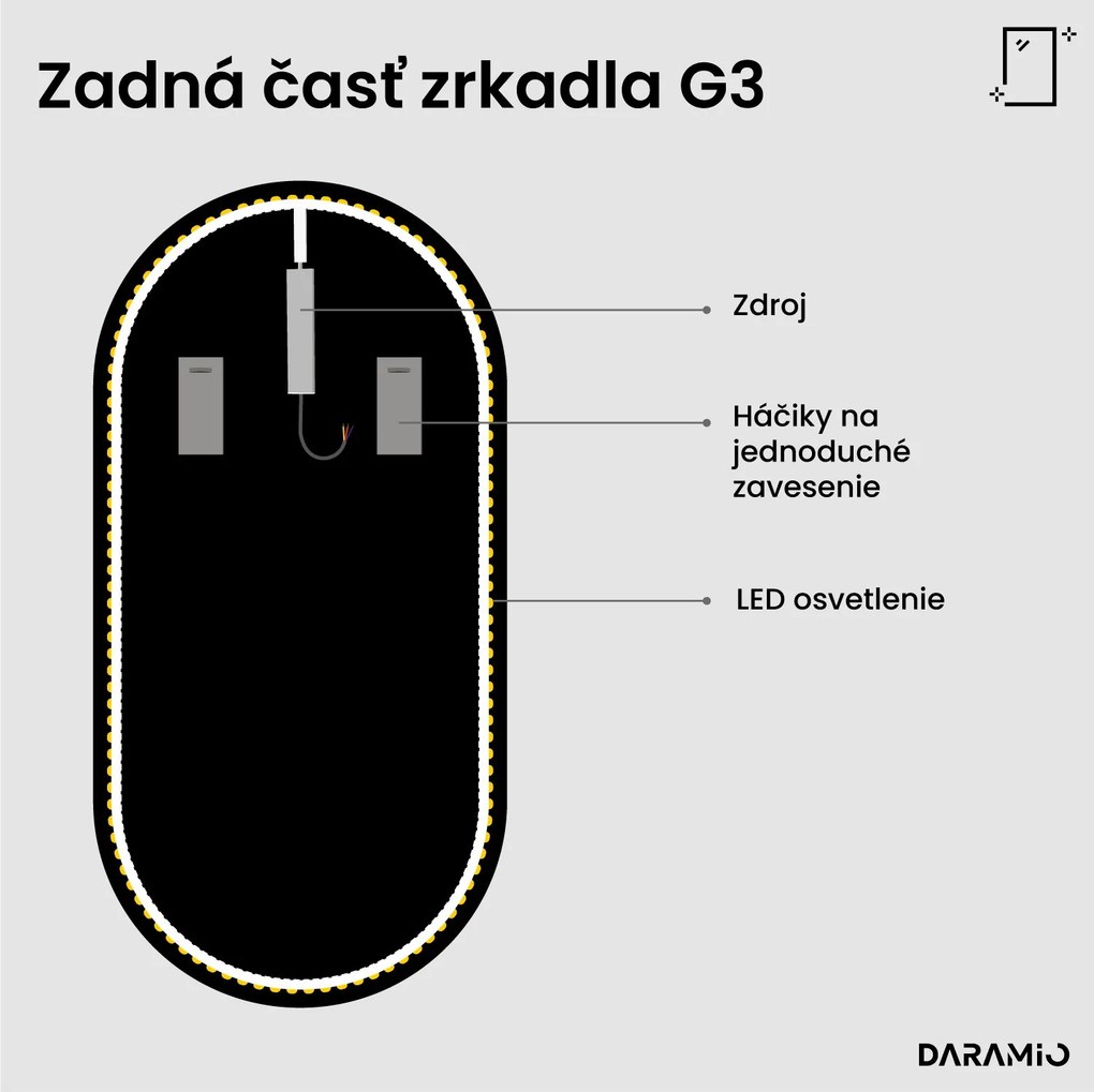 Podlhovasté zrkadlo so zaoblenými koncami a LED osvetlením G3