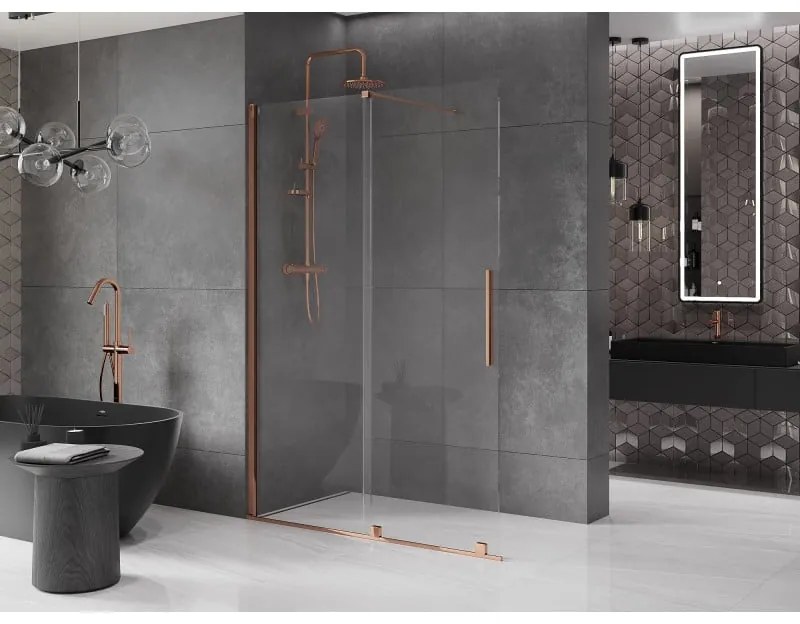 Mexen Velar, posuvné dvere do otvoru typ Walk-In 130 cm, 8mm číre sklo, ružové zlato, 871-130-000-03-60