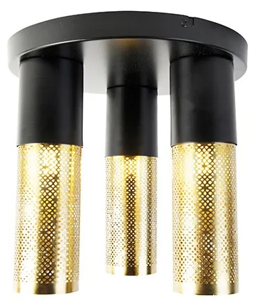 Priemyselné stropné svietidlo čierne so zlatým okrúhlym 3-svetlom - Raspi