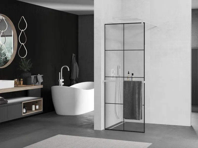 Mexen Kioto+, sprchová zástena Walk-In s poličkou a vešiakom 90 x 200 cm, 8mm číre sklo čierny vzor, biely profil, 800-090-121-20-77