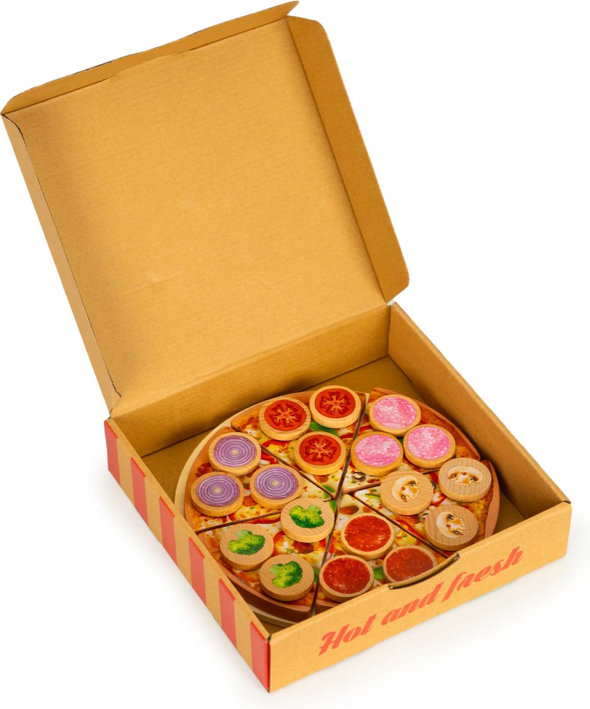 ECOTOYS Drevená pizza na suchý zips, 27 dielov