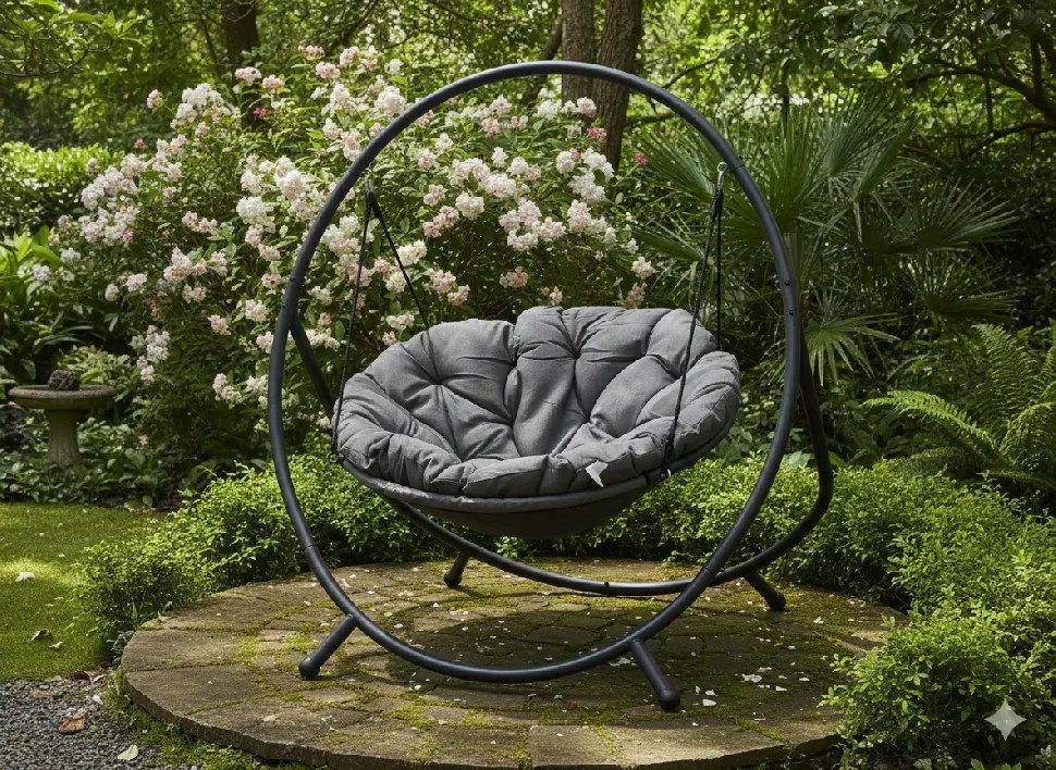 CH ZÁVESNÁ STOLIČKA NA TERASU – TMAVOSIVÝ VANKÚŠ, SIVÝ RÁM 115,5 X 140 X 167,5 CM