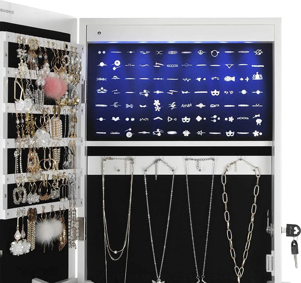 LED skrinka na šperky so zrkadlom po celej dĺžke s 2 zásuvkami, biela