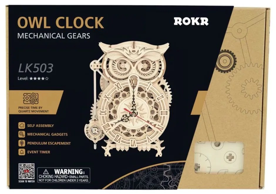 Robotime 3D drevené mechanické puzzle Hodiny Sova kyvadlové 161 ks