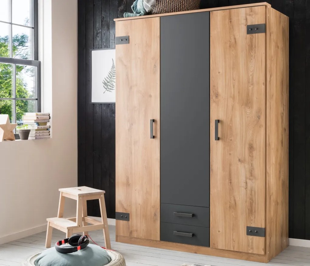 Šatníková skriňa so zásuvkami Cork, 135 cm, doskový dub/grafit