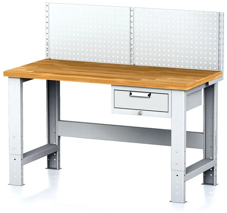 Alfa 3 Nastaviteľný dielenský stôl MECHANIC I, závesný box na náradie, nadstavba, 1 zásuvka, 1500x685x700-1055 mm, sivé