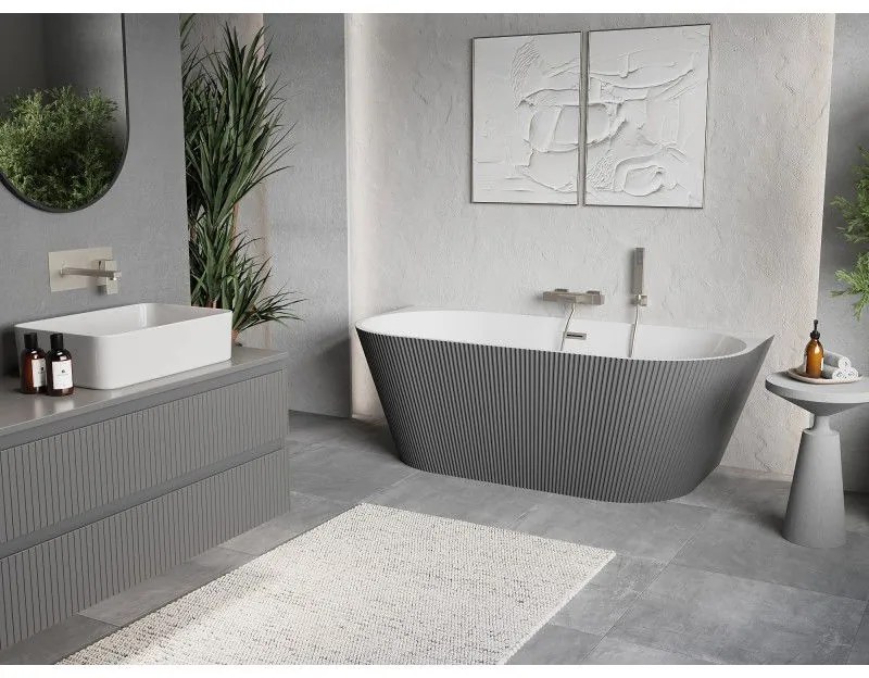 Mexen Oris, voľne stojaca ryhovaná vaňa 150 x 75 cm, biela-šedá, oceľový prepad, 52871507562-97