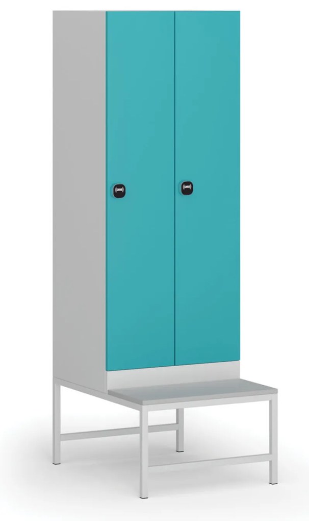 Šatníková skrinka s lavičkou, 2 oddiely, 1875 x 600 x 500/800 mm, demont, zámok s čítačkou RFID kariet, zelené dvere