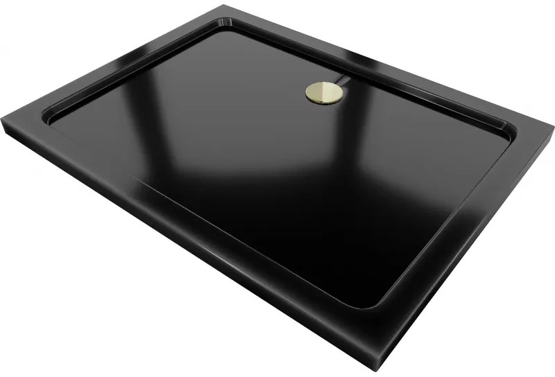 Mexen SLIM - Obdĺžniková sprchová vanička 140x100x5cm + zlatý sifón, čierna, 40701014G
