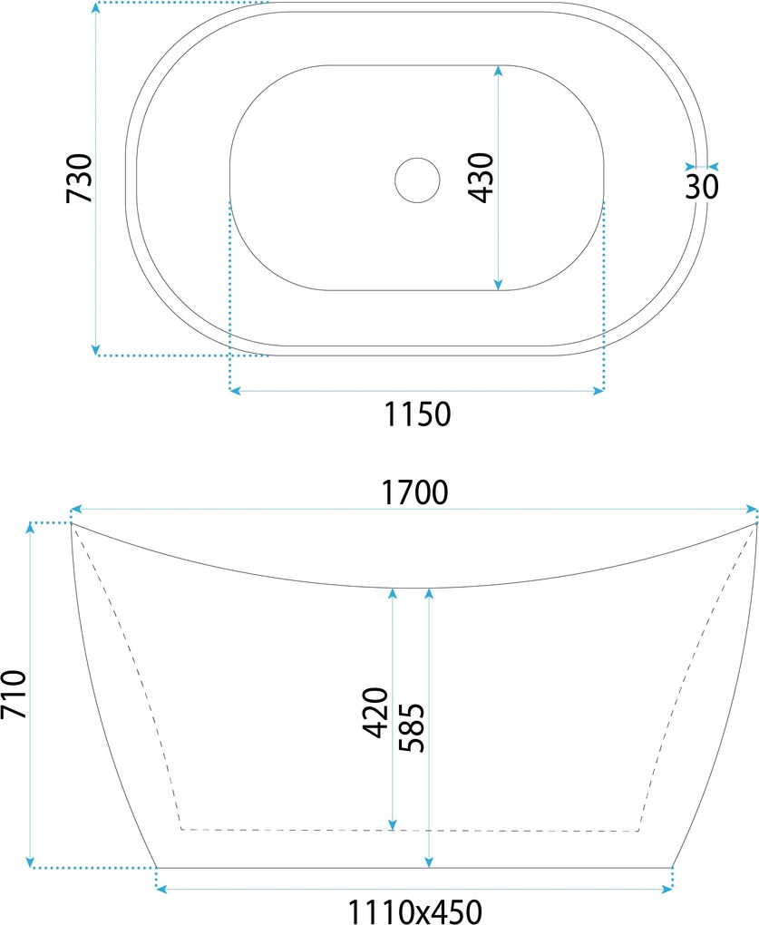 Rea Atena, voľne stojaca vaňa 1700x730x710 mm, biela, čierny click-clack, KPL-W6127