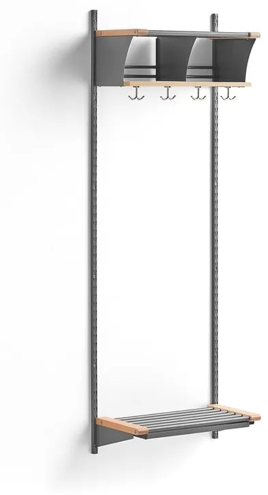 Vešiaková stena JEPPE s 2 priehradkami, základná sekcia, 1790x600x310 mm, strieborná/breza