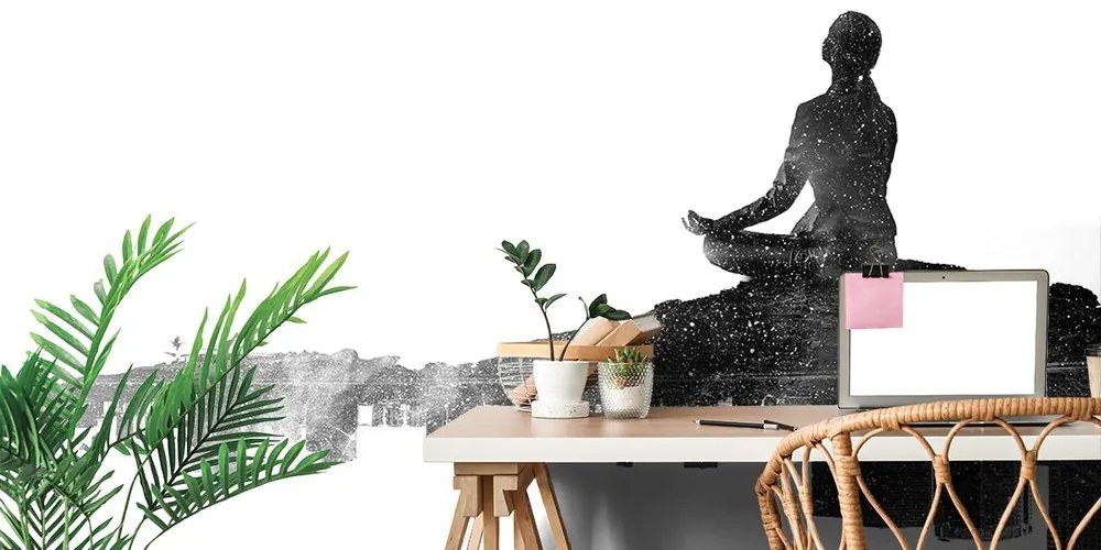 Samolepiaca tapeta čiernobiela silueta meditujúcej ženy